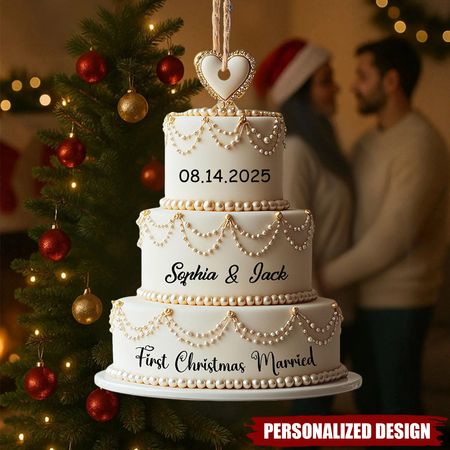 Personalized Wedding Cake Ornament - Custom Name & Date for Your First Christmas as a Married Couple